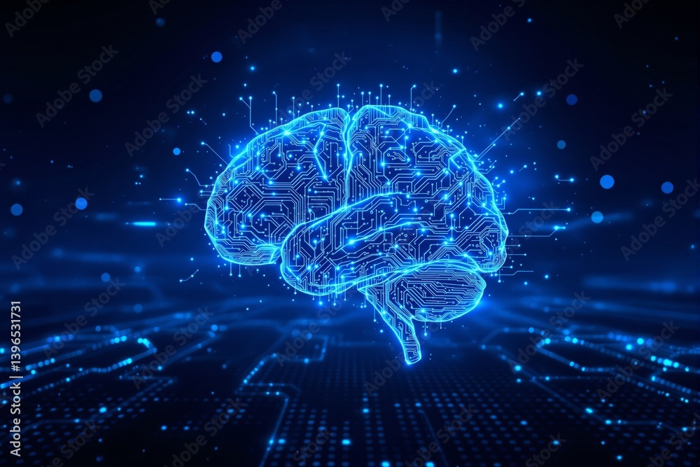 Poster futuristic digital brain with glowing circuits floating in cyberspace.
