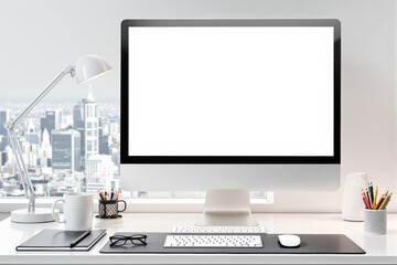 Modern workspace with computer monitor and office supplies on a white desk.