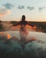 Ethereal Embodiment Transformative Wellness Journey of Mindful Movement - Holistic Healing Arts and Somatic Expression in Golden Hour Landscape