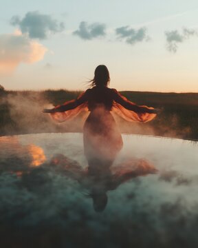 Ethereal Embodiment Transformative Wellness Journey of Mindful Movement - Holistic Healing Arts and Somatic Expression in Golden Hour Landscape