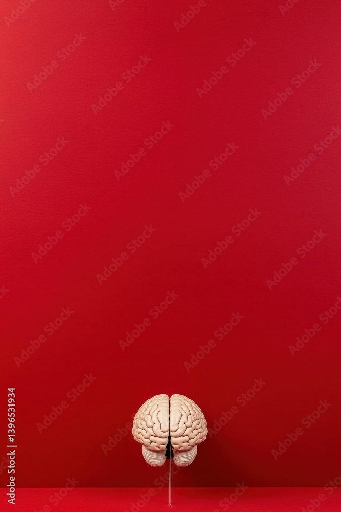 Poster minimalist neuroscience innovation anatomical brain model on vibrant red - cutting-edge mental healt