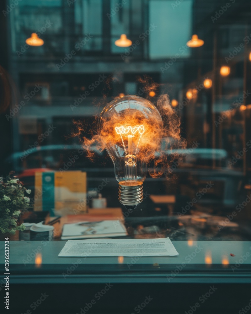 Aufkleber igniting creativity cinematic lightbulb moment in moody urban workspace - emerging innovation and de