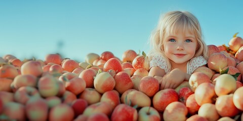 A charming five-year-old girl with blonde hair and blue eyes lies among a huge number of ripe red apples against a clear blue sky