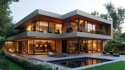 Fototapeta premium Elegant modern villa with pool blending seamlessly into a lush landscape