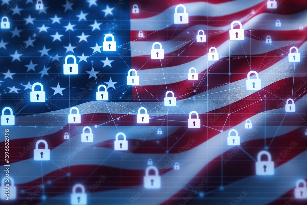 Poster cybersecurity concept with glowing lock icons connected by a digital network over an american flag.
