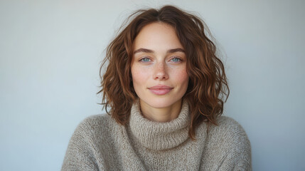 Cozy portrait of woman with curly hair and blue eyes, wearing warm sweater, exuding confidence