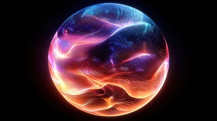 Fototapeta premium A vibrant, abstract depiction of a spherical shape with colorful swirling patterns against a dark background, evoking a sense of movement and energy.
