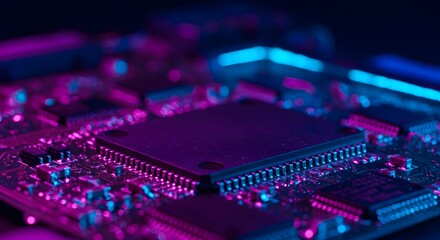 Obraz premium Close-up on a computer circuit board bathed in pink and blue light, emphasizing its intricate design and components.