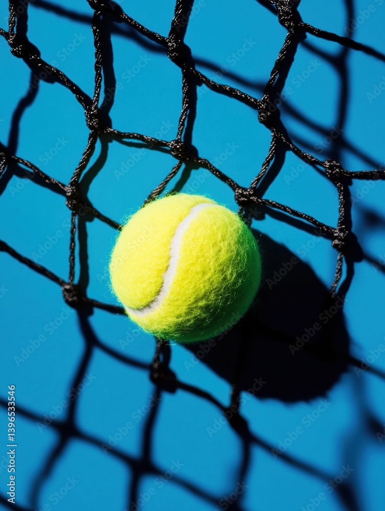 Poster minimalist tennis composition vibrant neon yellow ball captured in high-contrast net grid - dynamic 