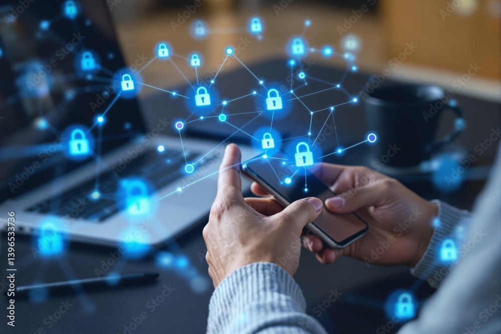 Poster cybersecurity concept with person using smartphone and digital lock icons.