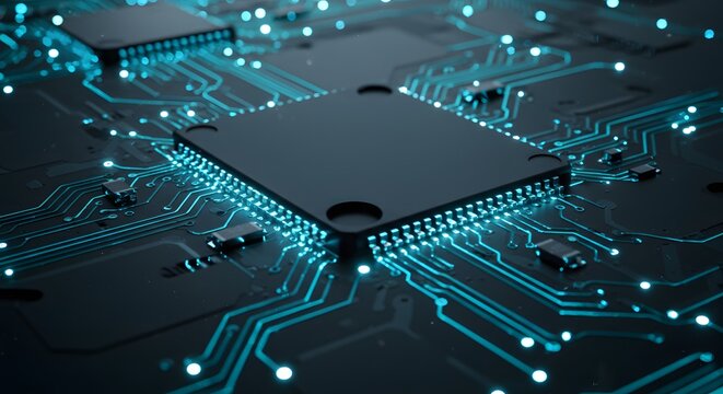 Close-up of a modern computer circuit board, showcasing intricate details of its design and glowing blue pathways. Modern tech and innovation.
