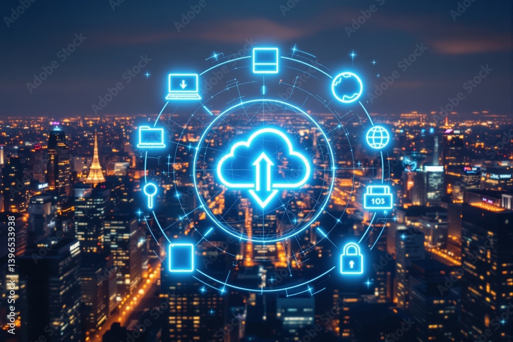 Poster cloud computing technology concept with neon icons over cityscape at night.
