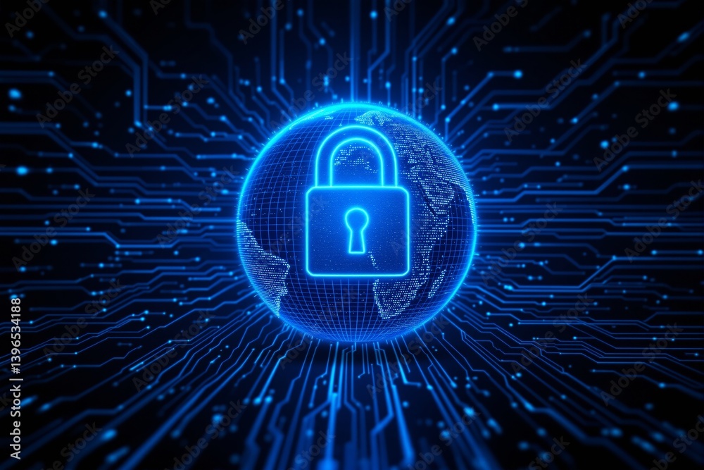 Aufkleber Glowing padlock over digital globe with circuit connections, symbolizing cybersecurity and data protection in modern technology.
