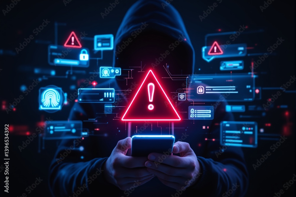 Aufkleber Cybersecurity threat with hacker using smartphone and warning symbols.