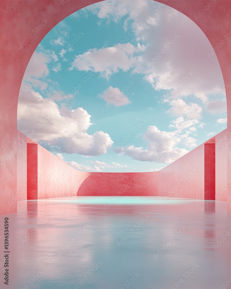 Poster ethereal minimalist architectural dreamscape surreal pastel portal blending geometric design with in
