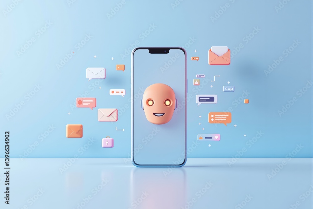 Aufkleber AI chatbot on smartphone screen with floating message icons.