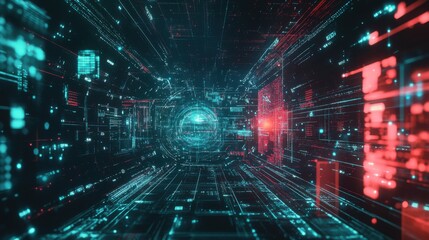 Fototapeta premium A futuristic digital landscape filled with glowing data streams, showcasing a vibrant network of interconnected elements in shades of blue and red.