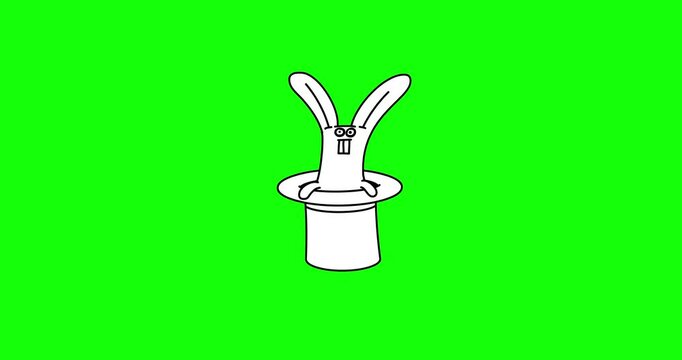 Rabbit black and white color in top hat green screen background. Cartoon animated magic fairy tales story or book character whiteboard style linear on greenbox backdrop.