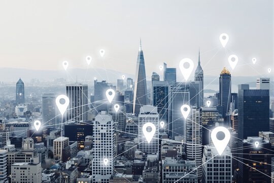 Smart city with digital location markers and network connections over modern skyscrapers.