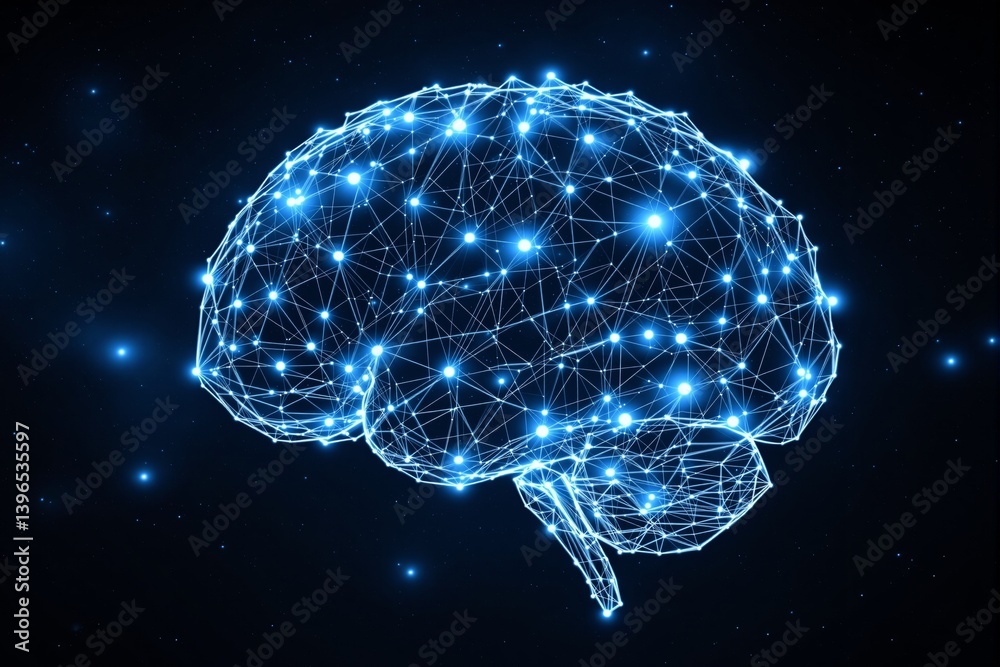 Poster Glowing digital brain made of interconnected nodes and lines.