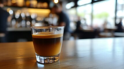 Layered coffee drink in a glass on a cafe table.