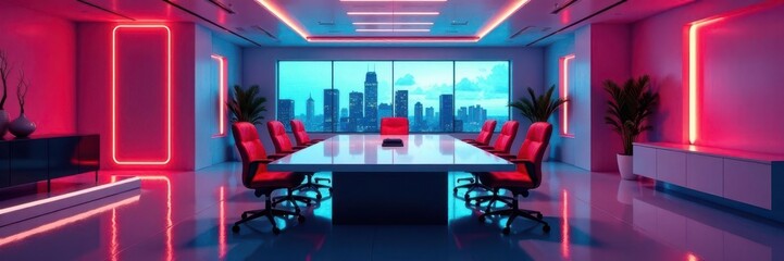 Sleek conference room, futuristic design, advanced tech , interior, wood