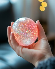 A hand gently holding a sparkling crystal orb, radiating beauty and tranquility in a cozy environment.