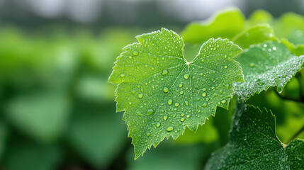 Fresh green leaves glistening with dew drops, showcasing nature beauty and tranquility