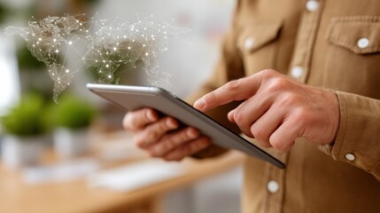 Person using a tablet with a digital world map overlay.