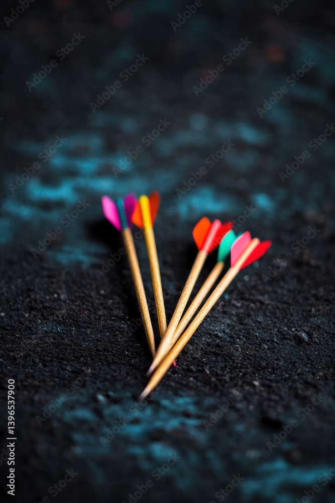 Poster Resilient Strategy Visualization Colorful Scattered Archery Darts on Dark Textured Surface - Innovative Failure Analysis and Performance Optimization Metaphor