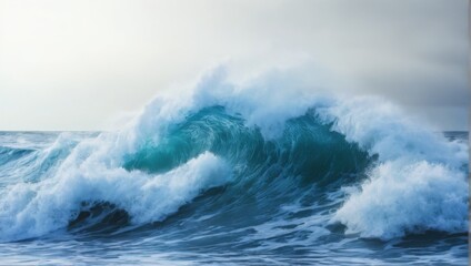 Naklejka premium Powerful wave crashing onto shore with bluegreen water and foamy white waves, under a dramatic grey sky.