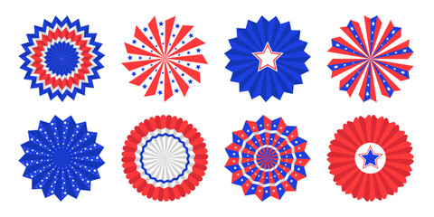 Set of independence day ribbon decorations. Patriotic blue and red rosettes for banner, card or border