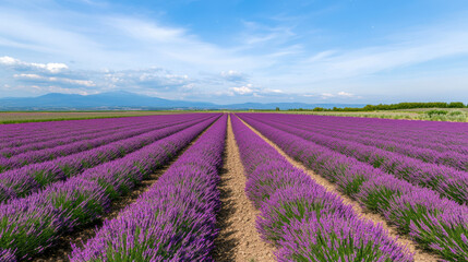 Fototapeta premium Lavender field with vibrant purple flowers stretching under clear blue sky