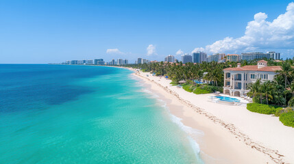 Obraz premium Luxurious coastal villas line pristine beach with turquoise waters and clear skies