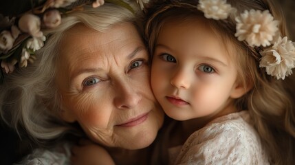 Obraz premium A tender portrait of a grandmother and granddaughter, both adorned with floral crowns, showcasing a deep bond and warmth.