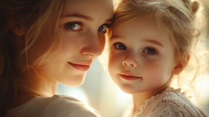 Obraz premium A tender moment shared between a mother and her daughter, showcasing love and connection with soft lighting enhancing their features.