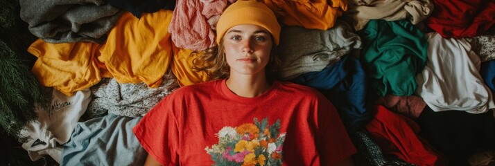 Fototapeta premium Circular Fashion Narrative Gen Z Sustainable Wardrobe Inventory - Mindful Consumption Aesthetic Revealing Textile Diversity and Personal Style Reimagination