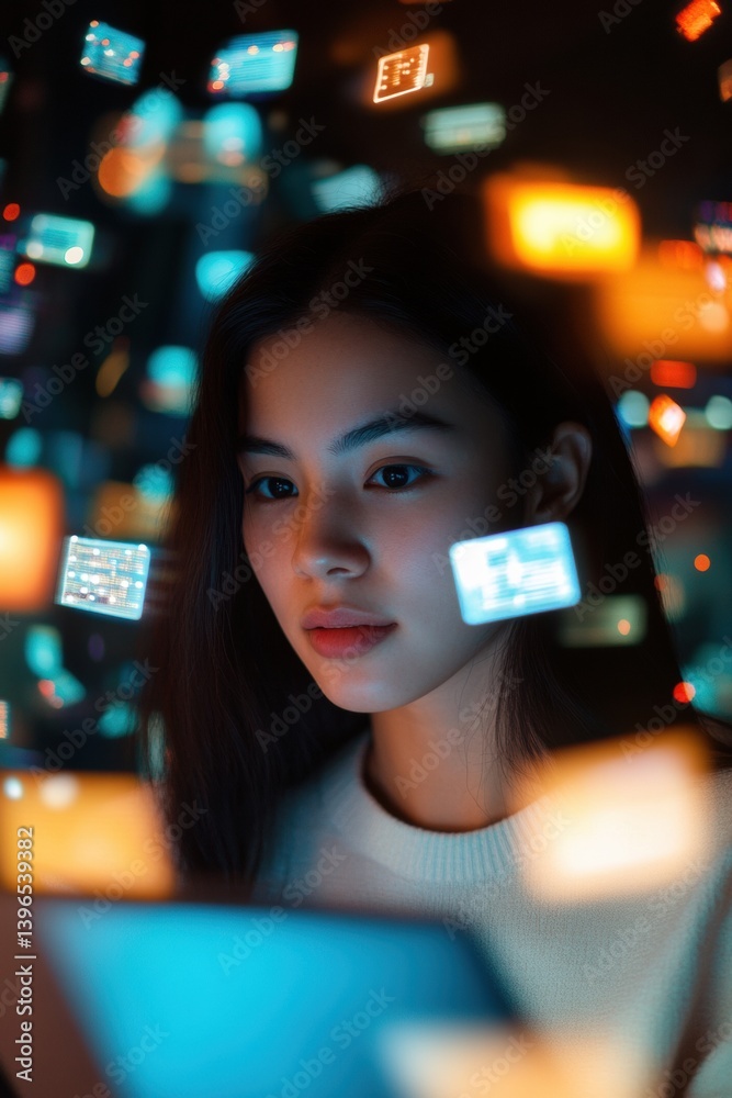 Poster Immersive Digital Narrative Gen Z Professional Navigating Futuristic Mixed Reality Interface with Dynamic Holographic Information Visualization