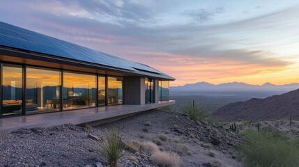 Obraz premium Modern desert home with sunset views. Solar panels on the roof.