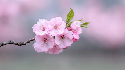 Fototapeta premium Delicate pink blossoms on branch create serene atmosphere in springtime beauty