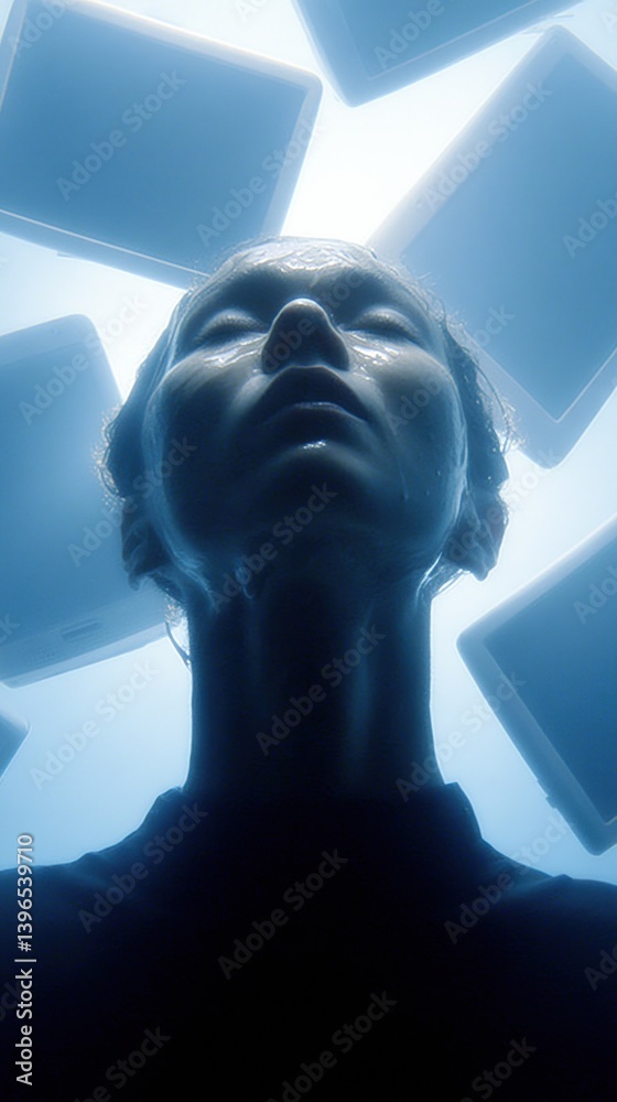 Poster digital overload immersive tech burnout visualization - gen z mental health, cybernetic overwhelm an