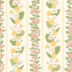 Delicate vintage spring primrose and trailing ditsy pink flowers vector seamless pattern with vertical floral stripes. Nostalgic cottage botanical print for country core spring garden textiles