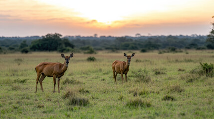 Naklejka premium Early morning wildlife grazing in glowing savannah landscape. serene atmosphere captivates