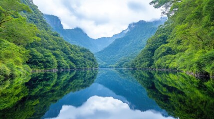 Fototapeta premium Serene mountain lake reflecting lush greenery