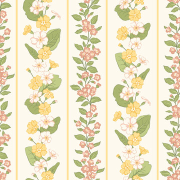 Delicate vintage spring primrose and trailing ditsy pink flowers vector seamless pattern with vertical floral stripes. Nostalgic cottage botanical print for country core spring garden textiles