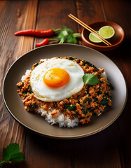 A plate of Thai basil minced pork with rice topped with a sunny-side-up fried egg, placed on a wooden table, realistic lighting, high-resolution, food photography style