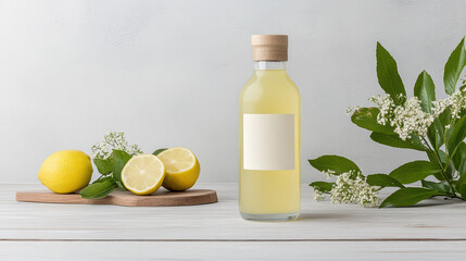 Fresh lemon juice clear bottle with lemons and leaves wooden board, creating refreshing vibe