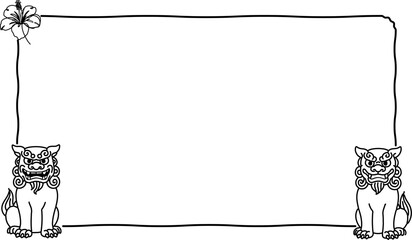 Simple line drawing of Shisa and Hibiscus framed background