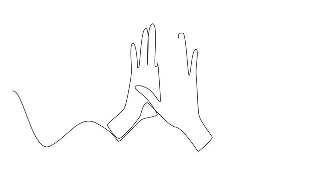 Animated self drawing of continuous line drawing two hands doing a high five. Symbol of intimacy. Supporting each other to achieve. Friend. National High Five Day. Full length single line animation