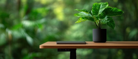 Minimalist Biophilic Workspace Sleek Wooden Standing Desk with Lush Green Plant - Sustainable Productivity and Wellness Design for Modern Remote Professionals